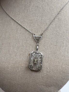 Byard F. Brog Art Deco 14k White Gold Camphor Glass Diamond Filigree Necklace
